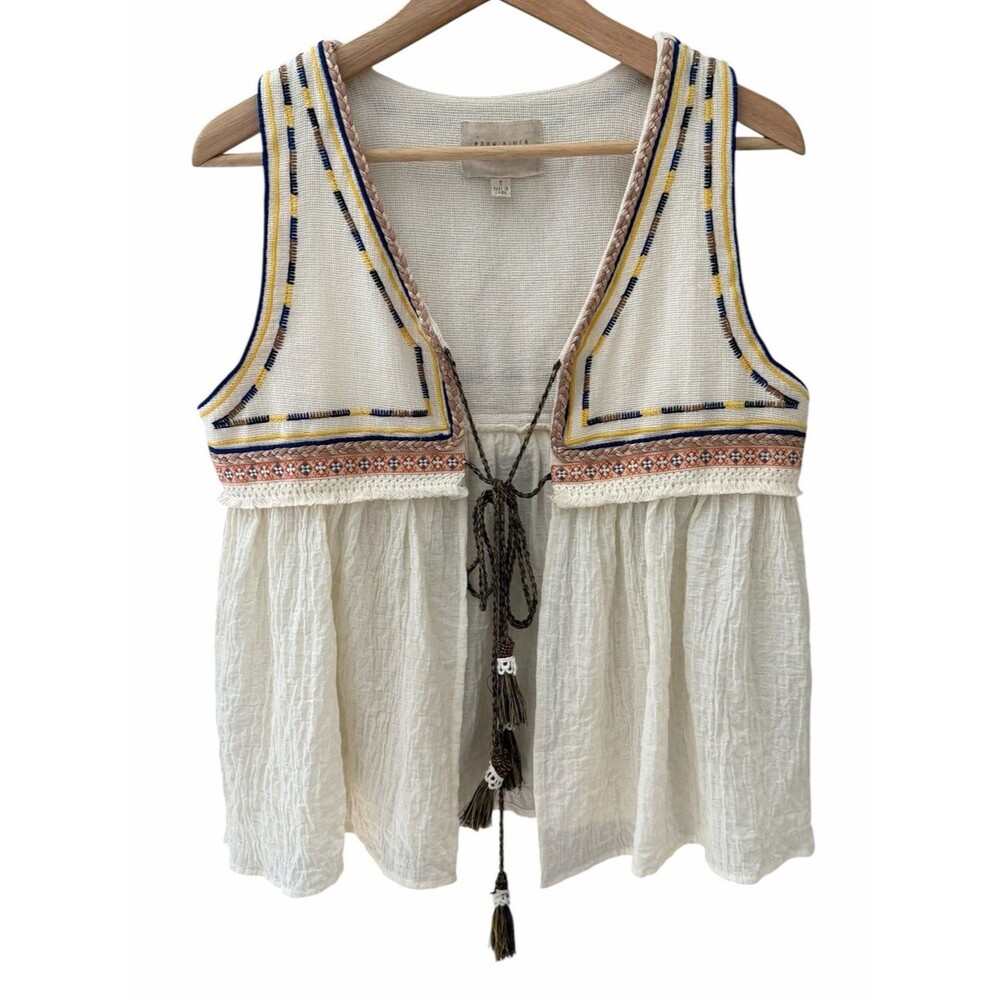 Moon River Overlay Cream Embroidered Peplum Tassel Tie Boho Vest Women Sz M Y2K